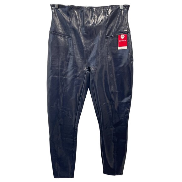 Spanx Leggings Size XL Petite Faux Patent Leather Glossy Pull On Navy Shiny NEW - Picture 2 of 10